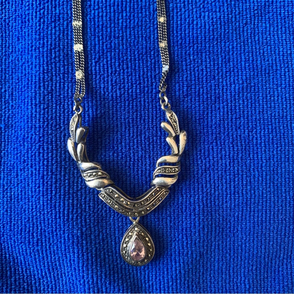 Edwardian Silver 925 Bib Necklace with marcasites and amethyst stone
